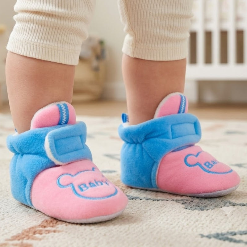 Baby Unisex Animal Printed Velvet Pink,Blue Velcro Shoes-BT3470