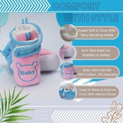 Baby Unisex Animal Printed Velvet Pink,Blue Velcro Shoes-BT3470