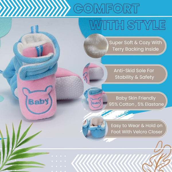 Baby Unisex Animal Printed Velvet Pink,Blue Velcro Shoes-BT3470