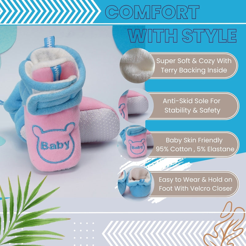 Baby Unisex Animal Printed Velvet Pink,Blue Velcro Shoes-BT3470