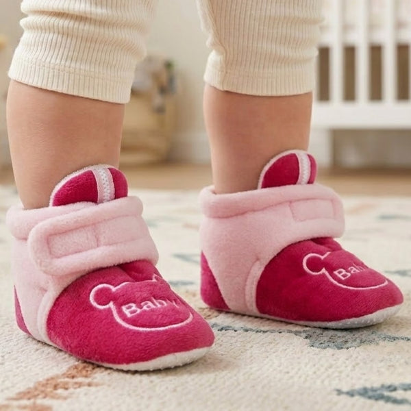 Baby Unisex Animal Printed Velvet Pink Velcro Shoes-BT3472
