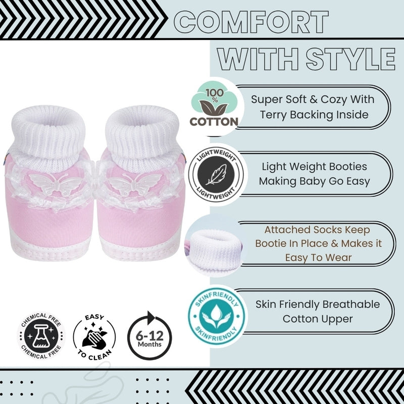 6 To 12 Months Baby Boys & Girls Cute Cotton Pre-Walker Butterfly Frill Booties (Pink)-BT40
