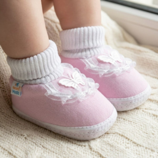 6 To 12 Months Baby Boys & Girls Cute Cotton Pre-Walker Butterfly Frill Booties (Pink)-BT40