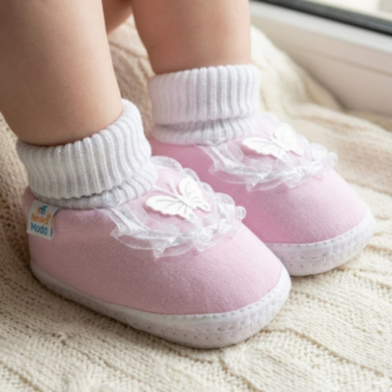 6 To 12 Months Baby Boys & Girls Cute Cotton Pre-Walker Butterfly Frill Booties (Pink)-BT40