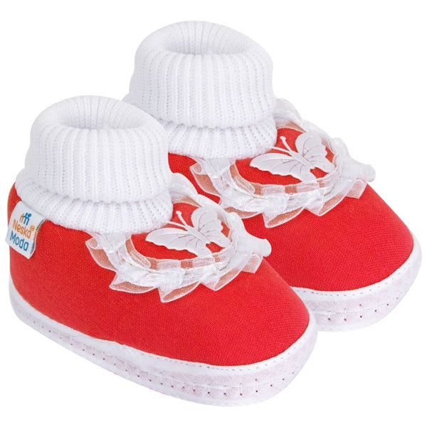 6 To 12 Months Baby Girls & Baby Boys Soft Cotton Cute Butterfly Frill Booties (Red)-BT41