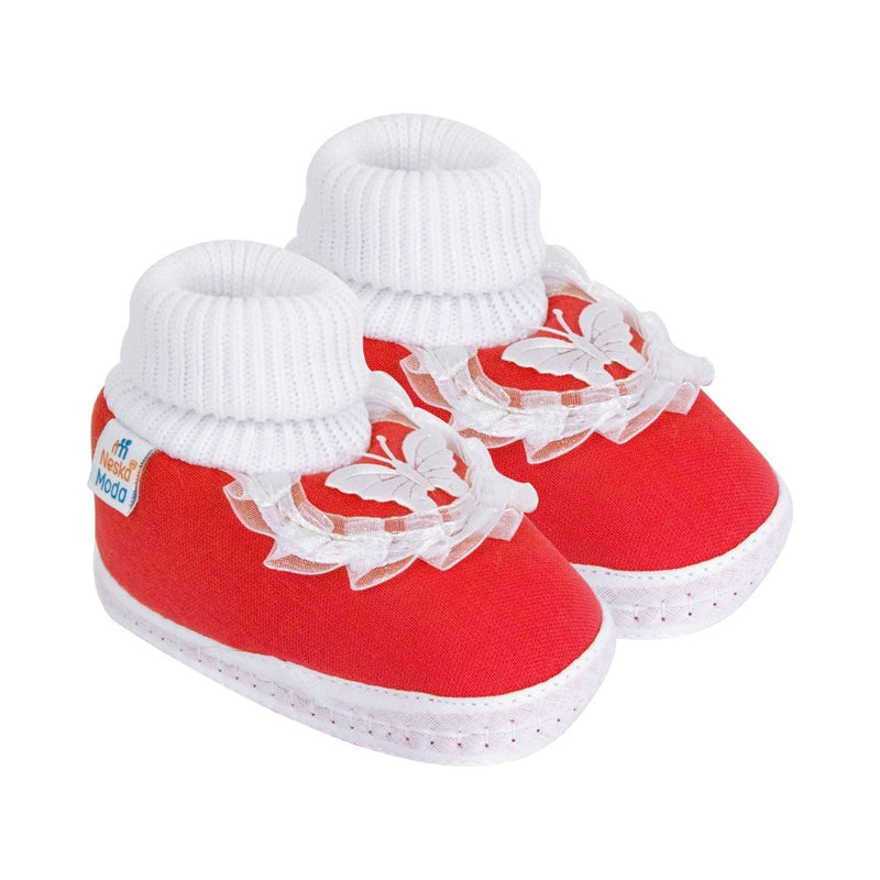 6 To 12 Months Baby Girls & Baby Boys Soft Cotton Cute Butterfly Frill Booties (Red)-BT41