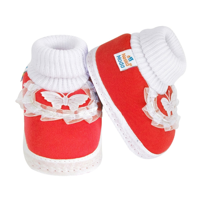 6 To 12 Months Baby Girls & Baby Boys Soft Cotton Cute Butterfly Frill Booties (Red)-BT41