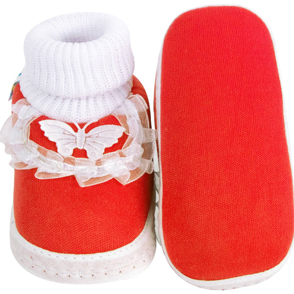 6 To 12 Months Baby Girls & Baby Boys Soft Cotton Cute Butterfly Frill Booties (Red)-BT41