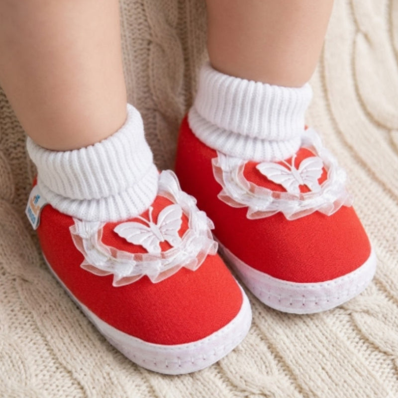 6 To 12 Months Baby Girls & Baby Boys Soft Cotton Cute Butterfly Frill Booties (Red)-BT41
