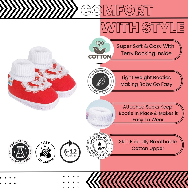 6 To 12 Months Baby Girls & Baby Boys Soft Cotton Cute Butterfly Frill Booties (Red)-BT41