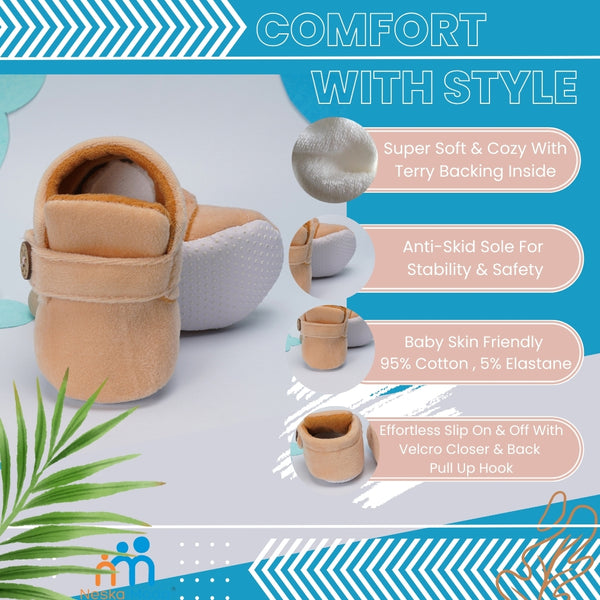 Baby Unisex Velvet Velcro Booties (Beige)-BT4266