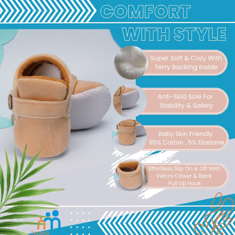 Baby Unisex Velvet Velcro Booties (Beige)-BT4266