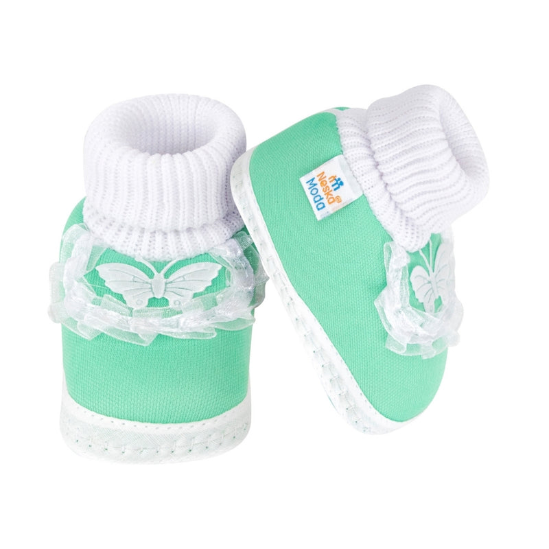 6 To 12 Month Baby Boys & Girls Cotton Pre-Walker Butterfly Frill Booties (Green)-BT42