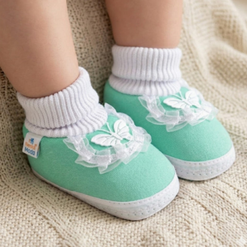 6 To 12 Month Baby Boys & Girls Cotton Pre-Walker Butterfly Frill Booties (Green)-BT42