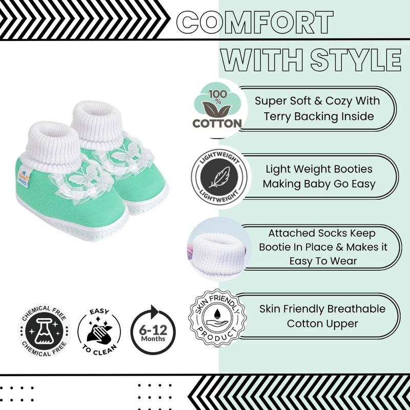 6 To 12 Month Baby Boys & Girls Cotton Pre-Walker Butterfly Frill Booties (Green)-BT42