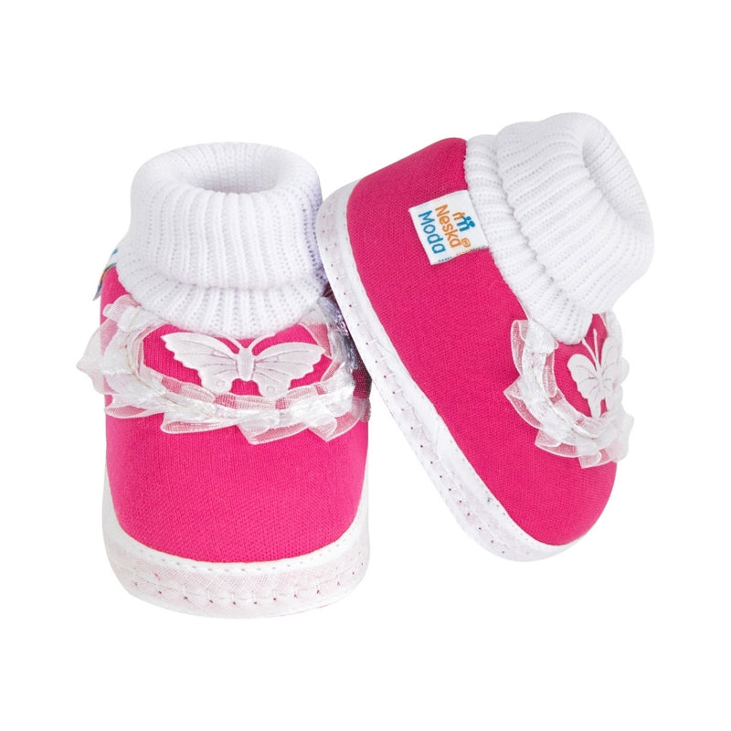 6 To 12 Months Baby Girls & Baby Boys Soft Cotton Butterfly Frill Booties (White, Pink)-BT43