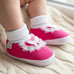 6 To 12 Months Baby Girls & Baby Boys Soft Cotton Butterfly Frill Booties (White, Pink)-BT43