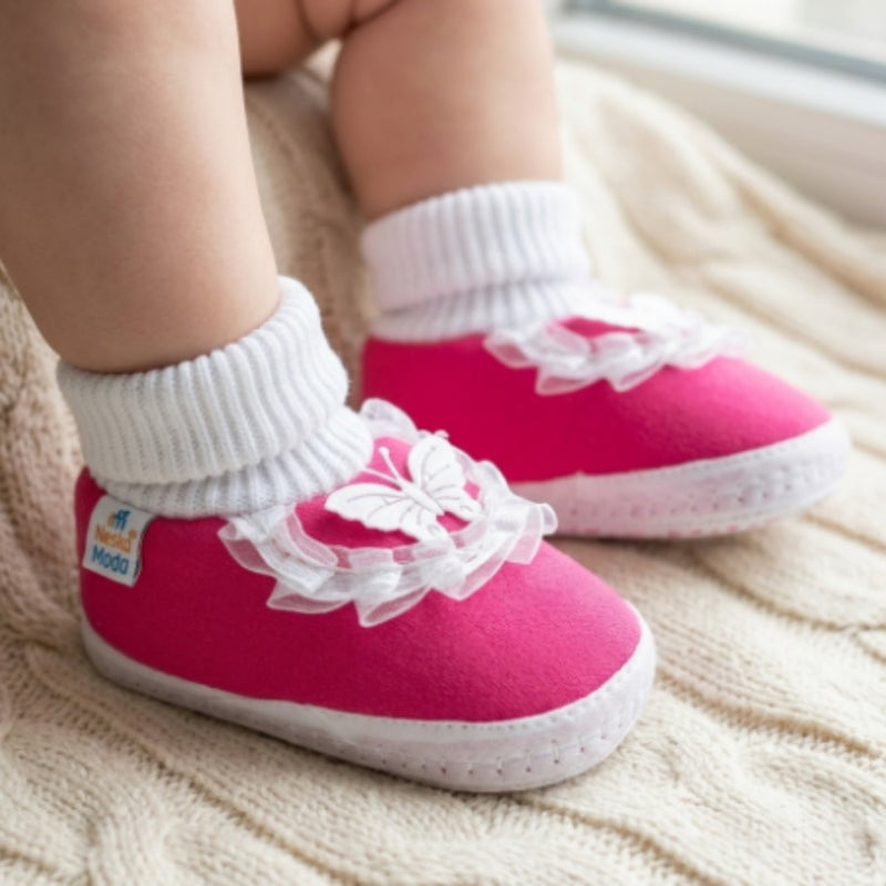 6 To 12 Months Baby Girls & Baby Boys Soft Cotton Butterfly Frill Booties (White, Pink)-BT43