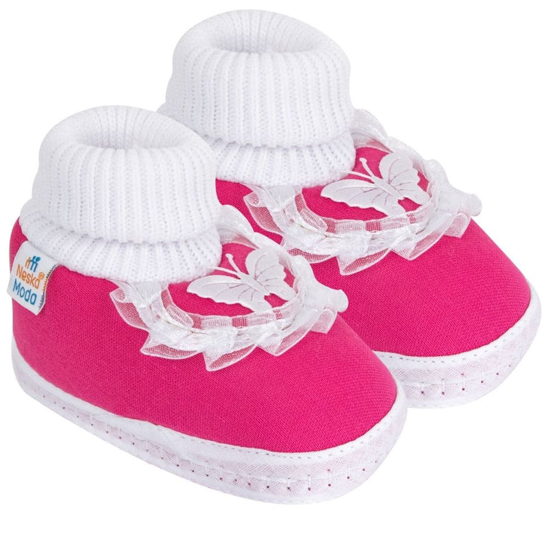 6 To 12 Months Baby Girls & Baby Boys Soft Cotton Butterfly Frill Booties (White, Pink)-BT43