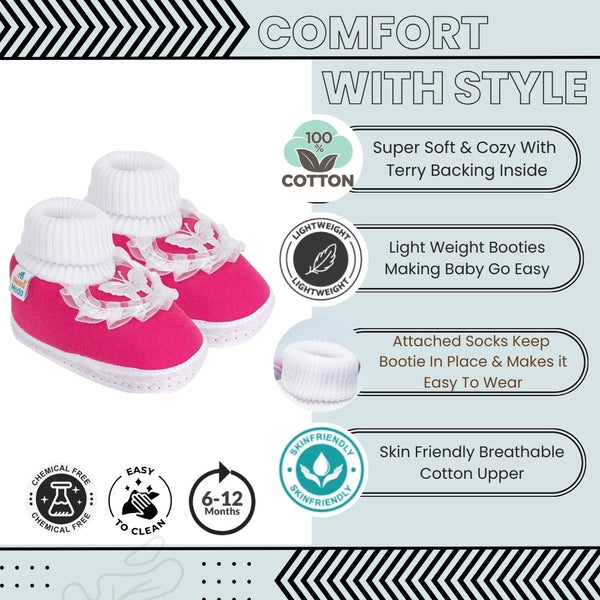 6 To 12 Months Baby Girls & Baby Boys Soft Cotton Butterfly Frill Booties (White, Pink)-BT43