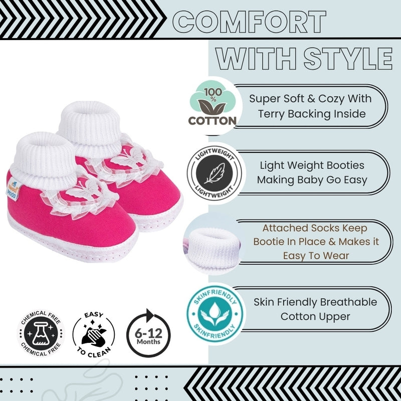 6 To 12 Months Baby Girls & Baby Boys Soft Cotton Butterfly Frill Booties (White, Pink)-BT43