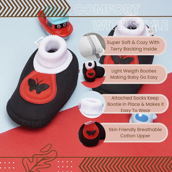 6 To 12 Months Baby Girls & Baby Boys Soft Cotton Cute Butterfly Booties (Black,Red)-BT4411