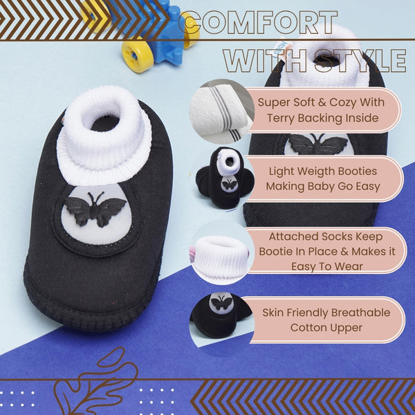 6 To 12 Months Baby Girls & Baby Boys Soft Cotton Cute Butterfly Booties (Black,Grey)-BT4414
