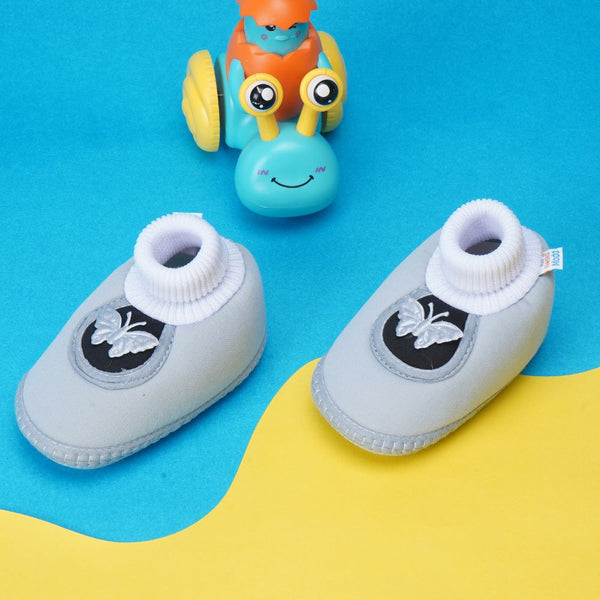 6 To 12 Months Baby Girls & Baby Boys Soft Cotton Cute Butterfly Booties (Grey,Black)-BT4415