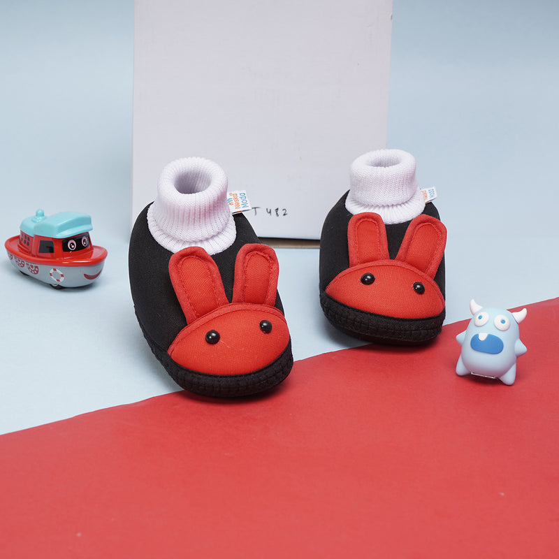 6 To 12 Months Baby Boys & Baby Girls Cute Soft Cotton Pre-Walker Rabbit Face Booties (Black,Red)-BT4419