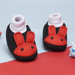 6 To 12 Months Baby Boys & Baby Girls Cute Soft Cotton Pre-Walker Rabbit Face Booties (Black,Red)-BT4419