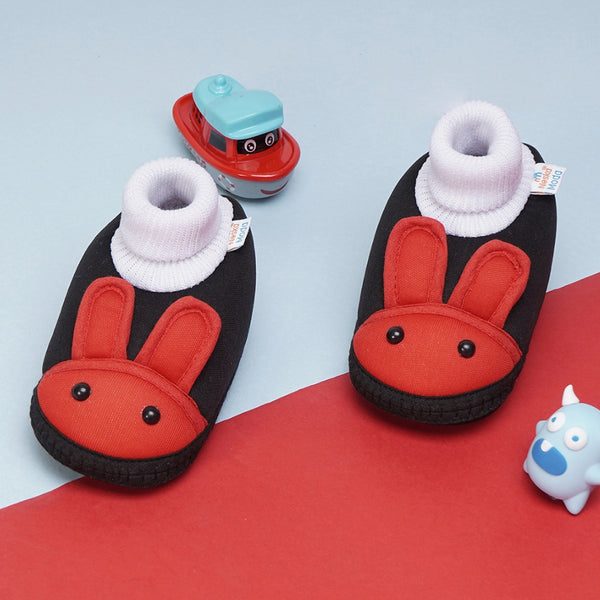 6 To 12 Months Baby Boys & Baby Girls Cute Soft Cotton Pre-Walker Rabbit Face Booties (Black,Red)-BT4419