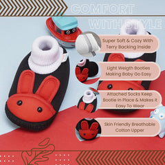6 To 12 Months Baby Boys & Baby Girls Cute Soft Cotton Pre-Walker Rabbit Face Booties (Black,Red)-BT4419