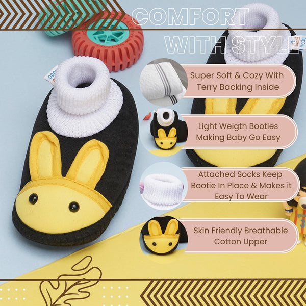 6 To 12 Months Baby Boys & Baby Girls Cute Soft Cotton Pre-Walker Rabbit Face Booties (Black,Yellow)-BT4420