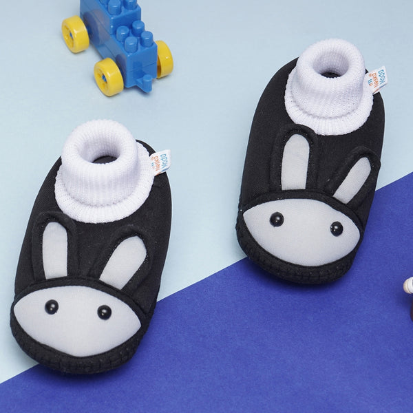 6 To 12 Months Baby Boys & Baby Girls Cute Soft Cotton Pre-Walker Rabbit Face Booties (Black,Grey)-BT4422