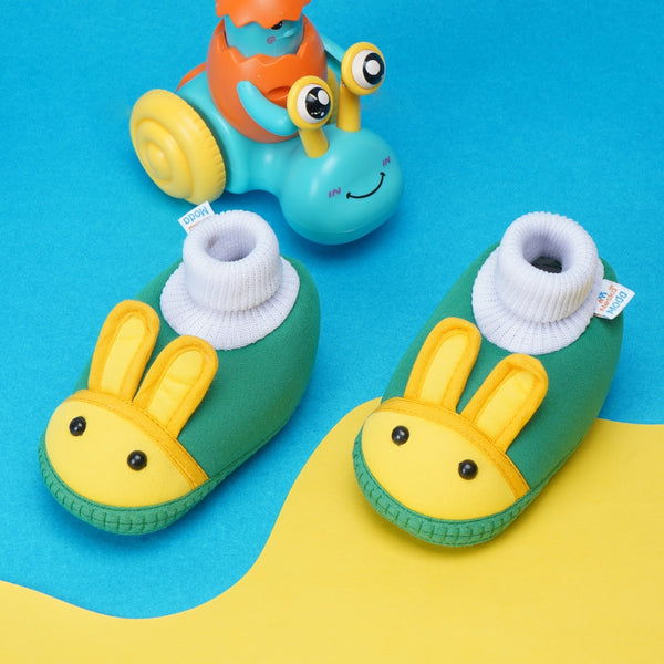 6 To 12 Months Baby Boys & Baby Girls Cute Soft Cotton Pre-Walker Rabbit Face Booties (Green,Yellow)-BT4425