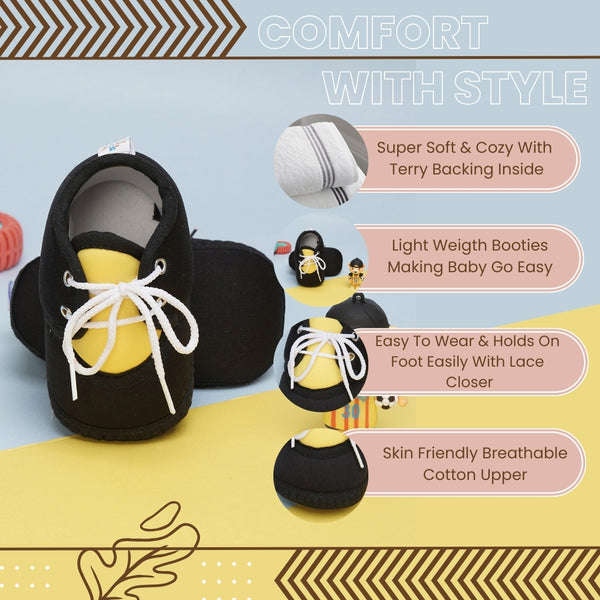 6 To 12 Months Baby Boys & Baby Girls Cute Soft Cotton Pre-Walker Lace Booties (Black,Yellow)-BT4428