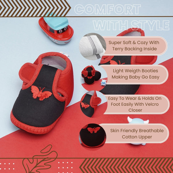 6 To 12 Months Baby Girls & Baby Boys Soft Cotton Cute Butterfly Booties (Black,Red)-BT4440
