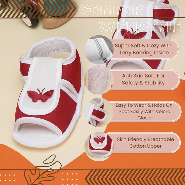 6 To 12 Months Baby Girls Cute Soft Cotton Pre-Walker Velcro Sandal Booties (Maroon)-BT4448