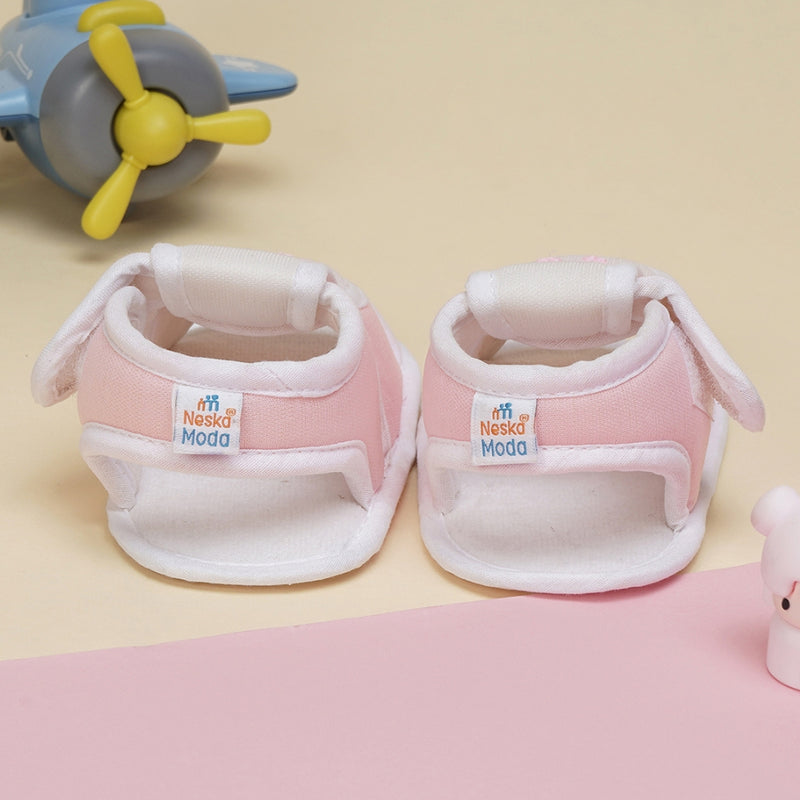 6 To 12 Months Baby Girls Cute Soft Cotton Pre-Walker Velcro Sandal Booties (Baby Pink)-BT4449