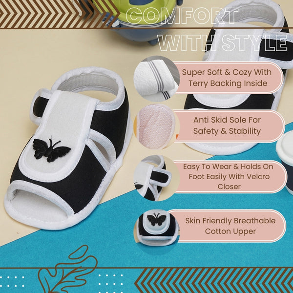 6 To 12 Months Baby Girls Cute Soft Cotton Pre-Walker Velcro Sandal Booties (Black)-BT4452