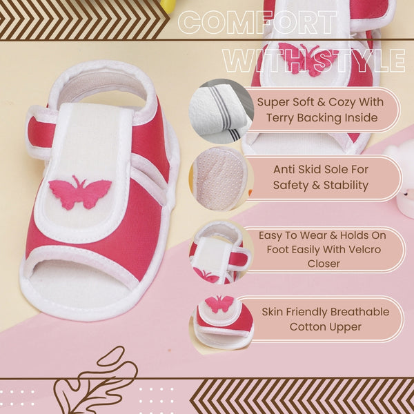 6 To 12 Months Baby Girls Cute Soft Cotton Pre-Walker Velcro Sandal Booties (Rani Pink)-BT4453