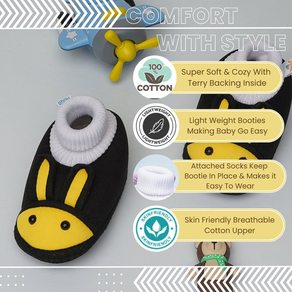 6 To 12 Months Baby Boys & Baby Girls Cute Soft Cotton Pre-Walker Rabbit Face Booties (Black,Yellow)