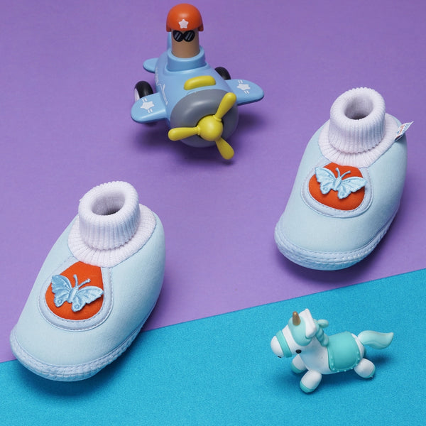 6 To 12 Months Baby Girls & Baby Boys Soft Cotton Cute Butterfly Booties (Sky Blue,Orange)