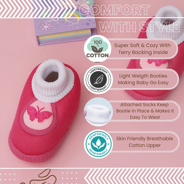 6 To 12 Months Baby Girls & Baby Boys Soft Cotton Cute Butterfly Booties (Rani Pink)