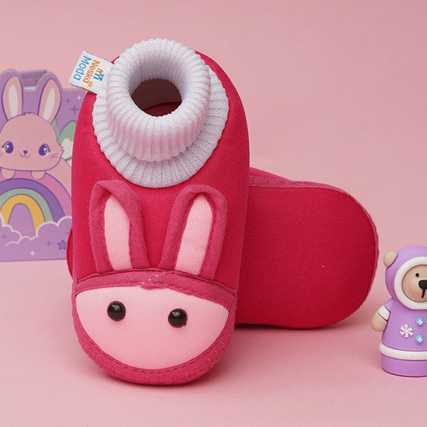 6 To 12 Months Baby Boys & Baby Girls Cute Soft Cotton Pre-Walker Rabbit Face Booties (Rani Pink)