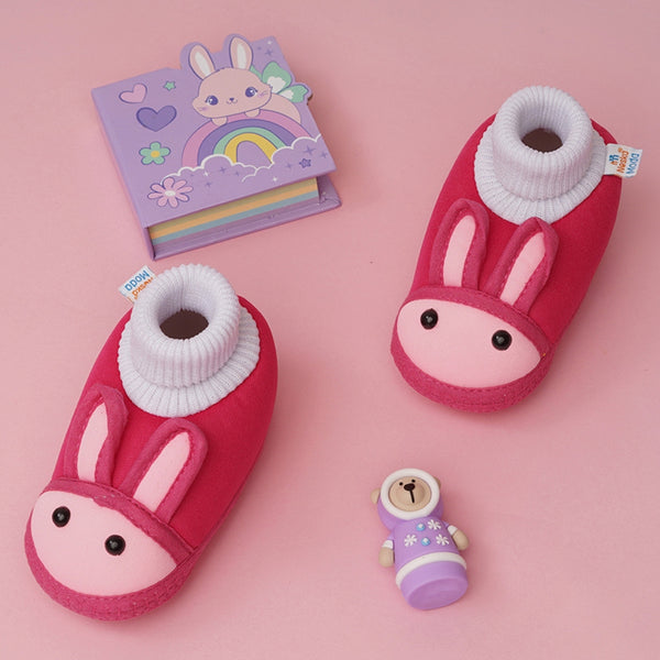 6 To 12 Months Baby Boys & Baby Girls Cute Soft Cotton Pre-Walker Rabbit Face Booties (Rani Pink)