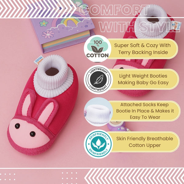 6 To 12 Months Baby Boys & Baby Girls Cute Soft Cotton Pre-Walker Rabbit Face Booties (Rani Pink)