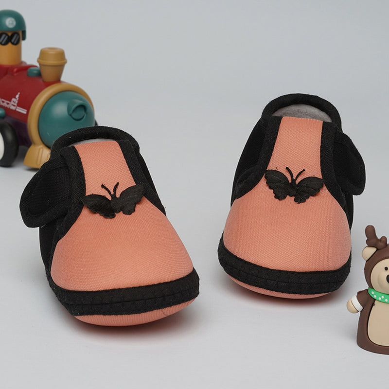 6 To 12 Months Baby Girls & Baby Boys Soft Cotton Cute Butterfly Booties (Peach,Black)