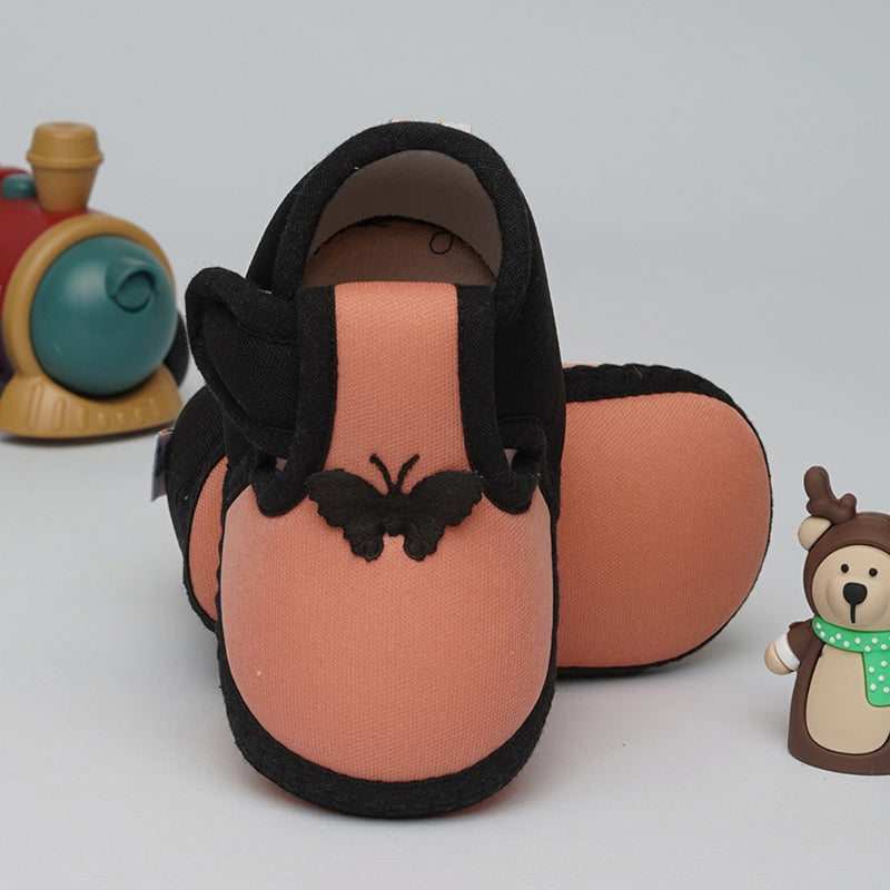 6 To 12 Months Baby Girls & Baby Boys Soft Cotton Cute Butterfly Booties (Peach,Black)