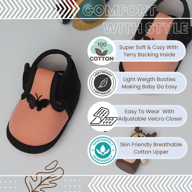 6 To 12 Months Baby Girls & Baby Boys Soft Cotton Cute Butterfly Booties (Peach,Black)